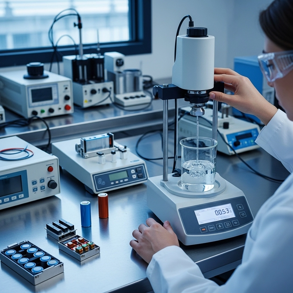 The image shows a laboratory environment focused on battery or energy storage research and development. A scientist, wearing a lab coat and safety goggles, is operating a precision mixer or viscometer on a clear solution in a beaker. Surrounding the setup are various analytical instruments and electronic devices, including multimeters and battery testing equipment. Multiple types of cylindrical and coin cell batteries, as well as open battery housings with visible circuits, are arranged nearby, indicating work related to battery design, testing, or formulation.