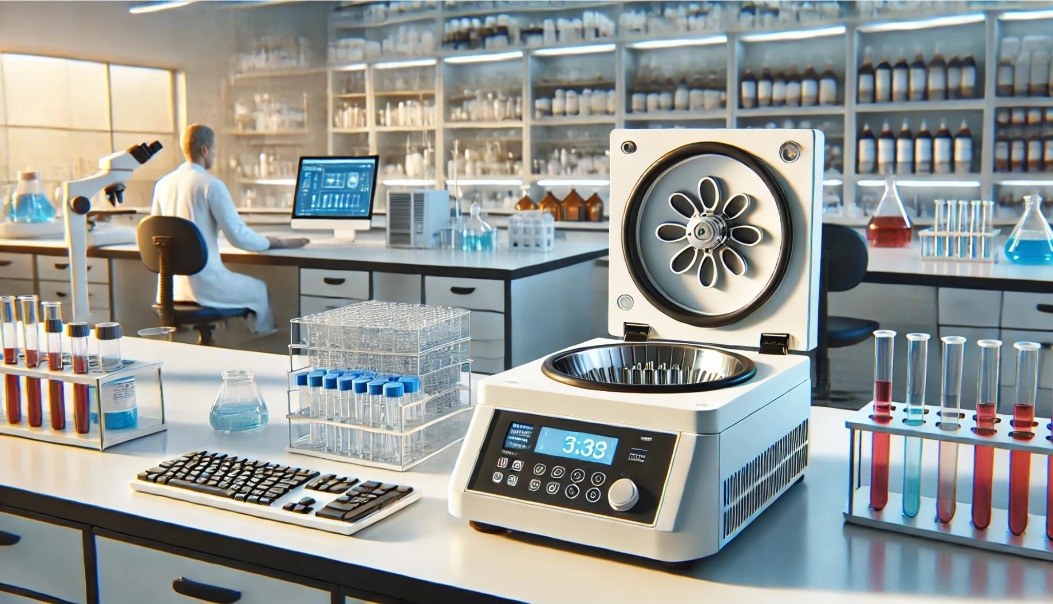  image of a lab bench with a centrifuge and the rotor removed