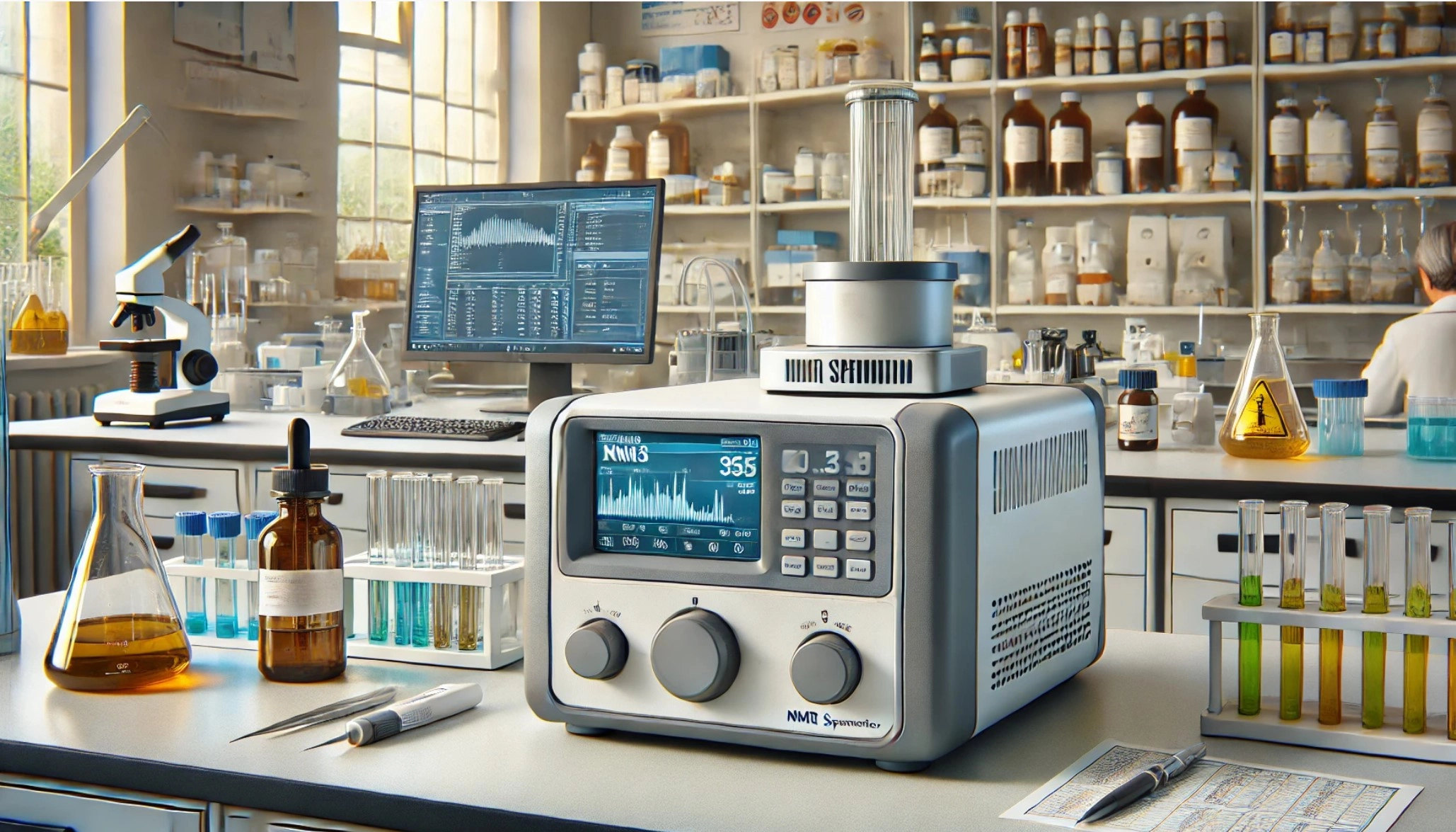  image of a benchtop NMR spectrometer in a laboratory setting