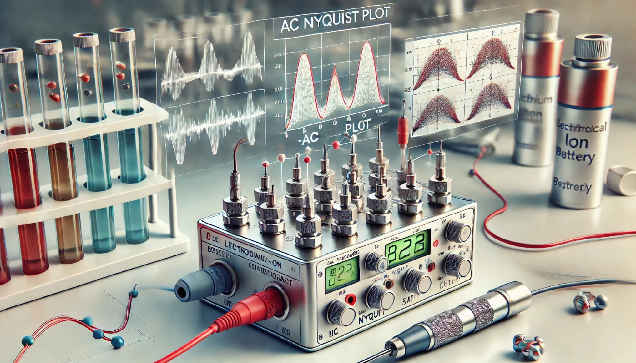 illustration of Electrochemical Impedance Spectroscopy (EIS) in action. It visually represents the battery testing process, highlighting key components like the Nyquist plot, ion movement, and the scientific setup for EIS.