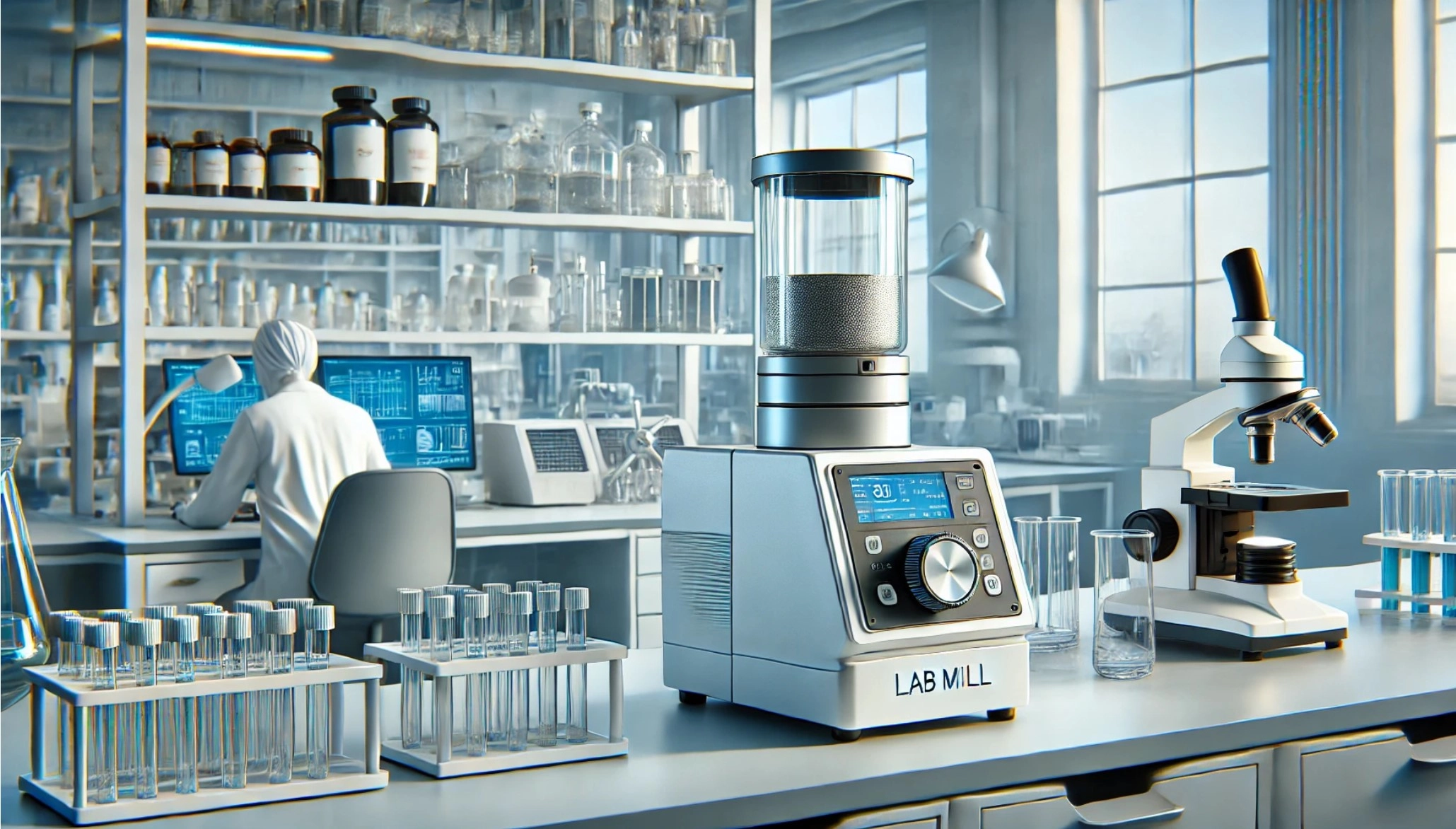 image showing a lab mill on a modern laboratory bench, set in a clean and professional lab environment.