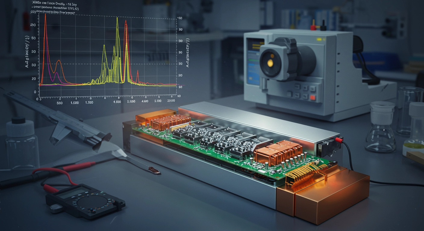 Image of a lithioum ion battery on a laboratory bench with a background of XRD equipment and spectrograph illustrating the significance of XRD analysis in battery development