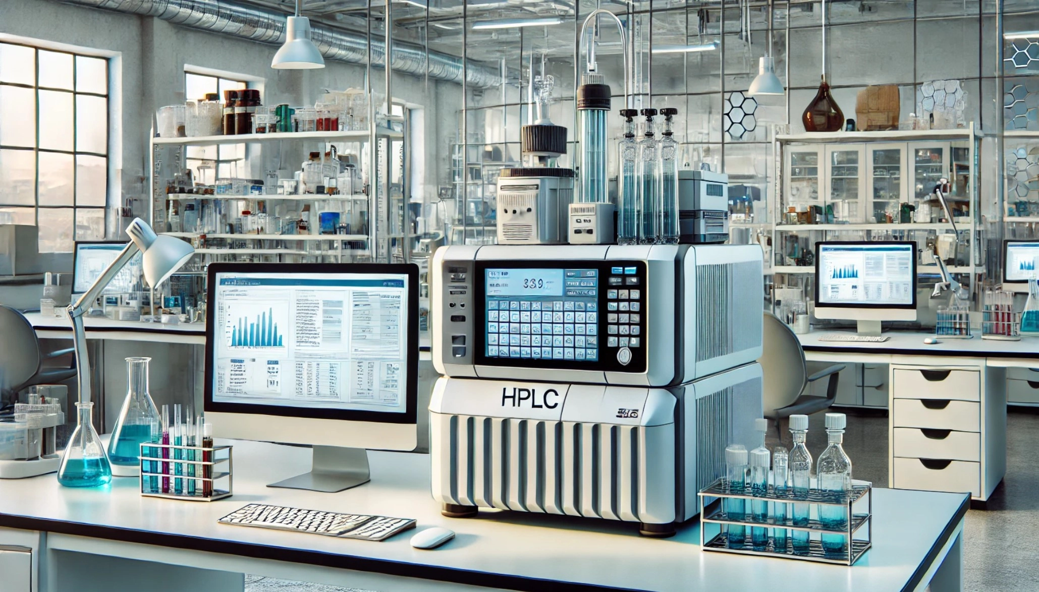 image of a modern HPLC system on a laboratory bench, designed to showcase a professional lab environment.