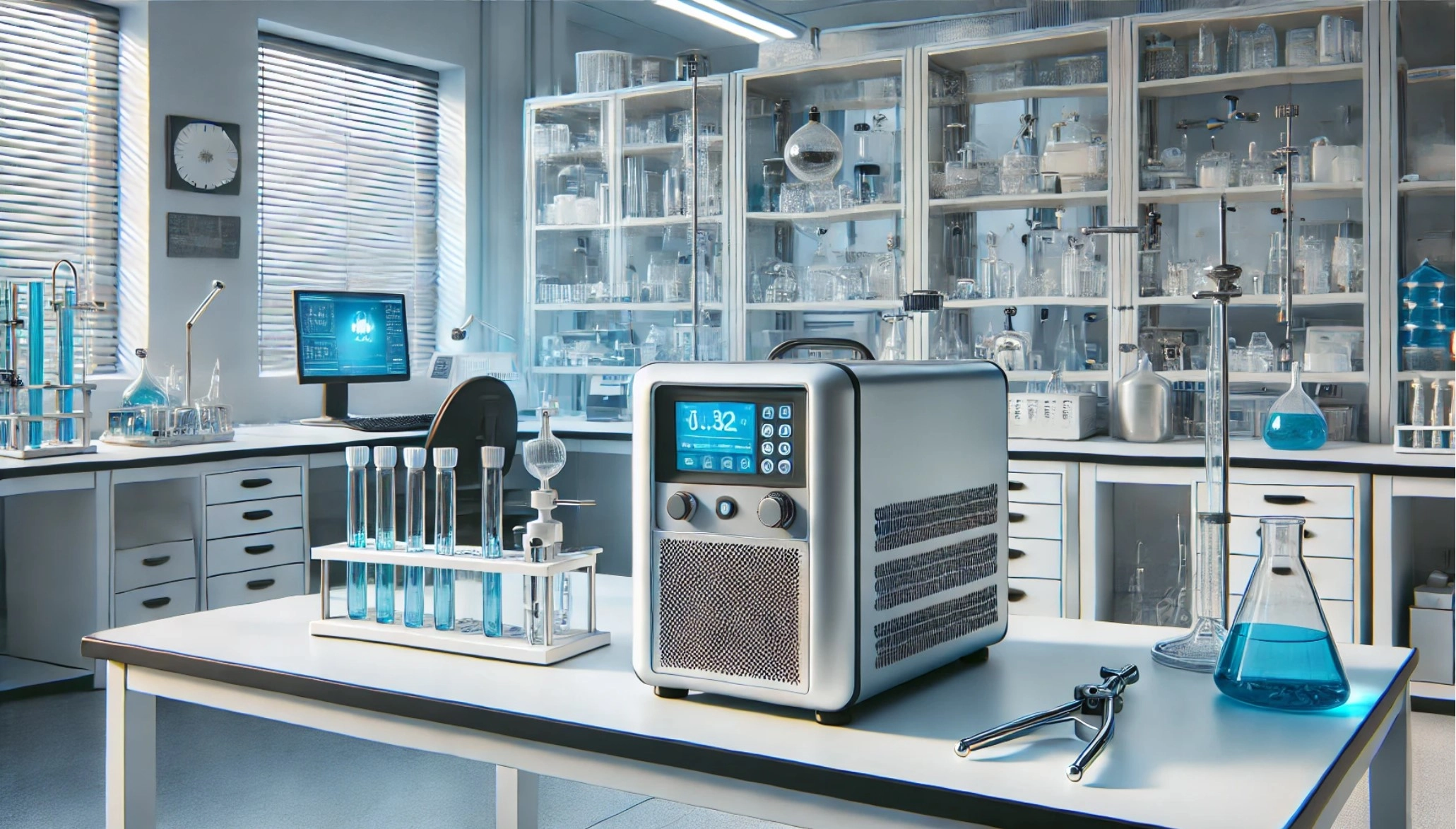  image showing a gas generator in a modern laboratory environment, set on a lab bench with surrounding lab equipment and a clean, organized atmosphere.