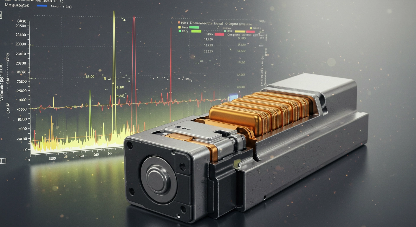 I lithium ion battery with a background showing a mass chromatogram illustrating the importance of perfromance and impurity testing by mass spectrometry