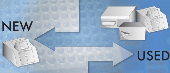 Vector image of used microplate readers and a new microplate reader with arrows on blue background