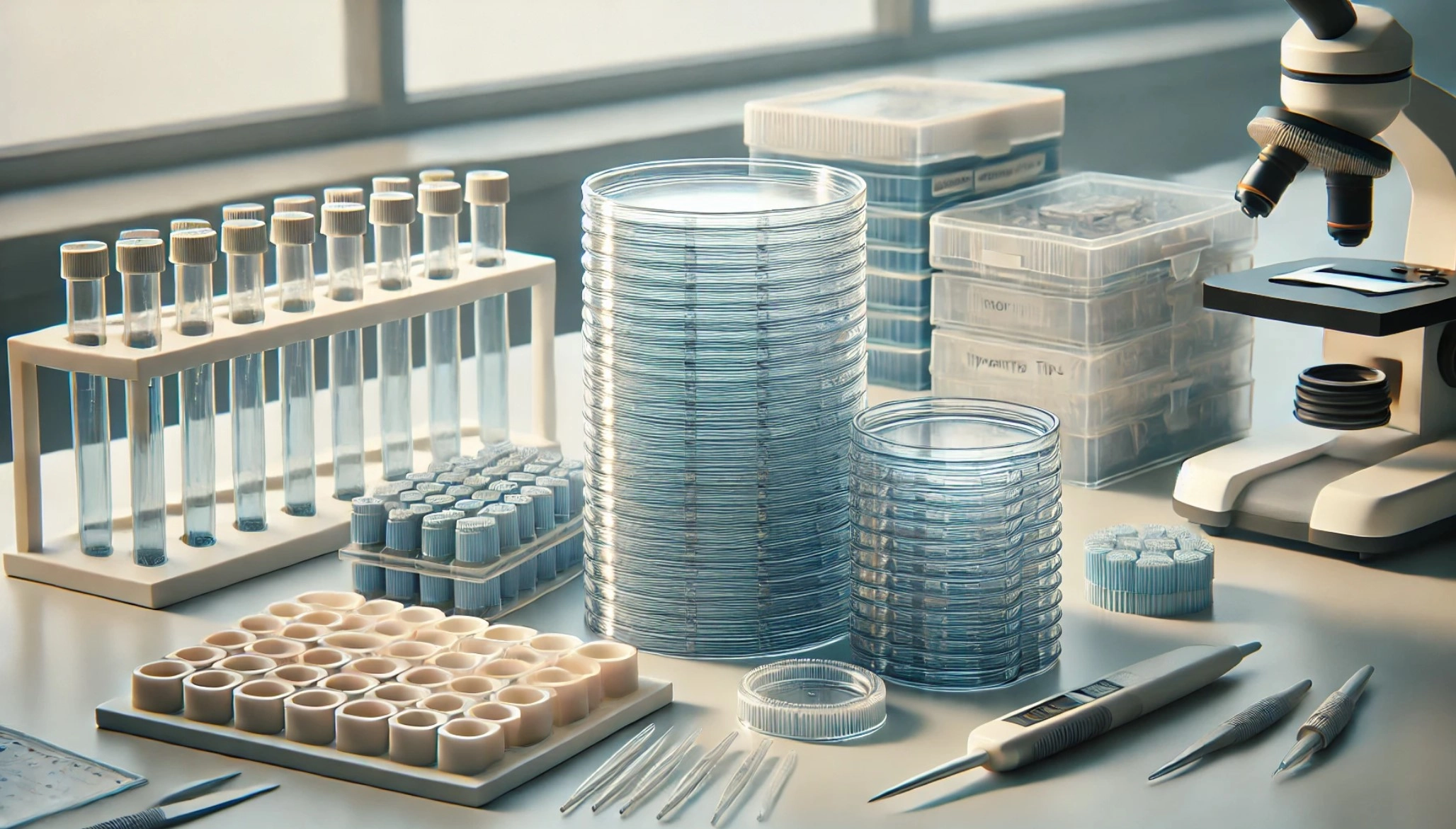 image showing various types of plasticware on a modern laboratory bench