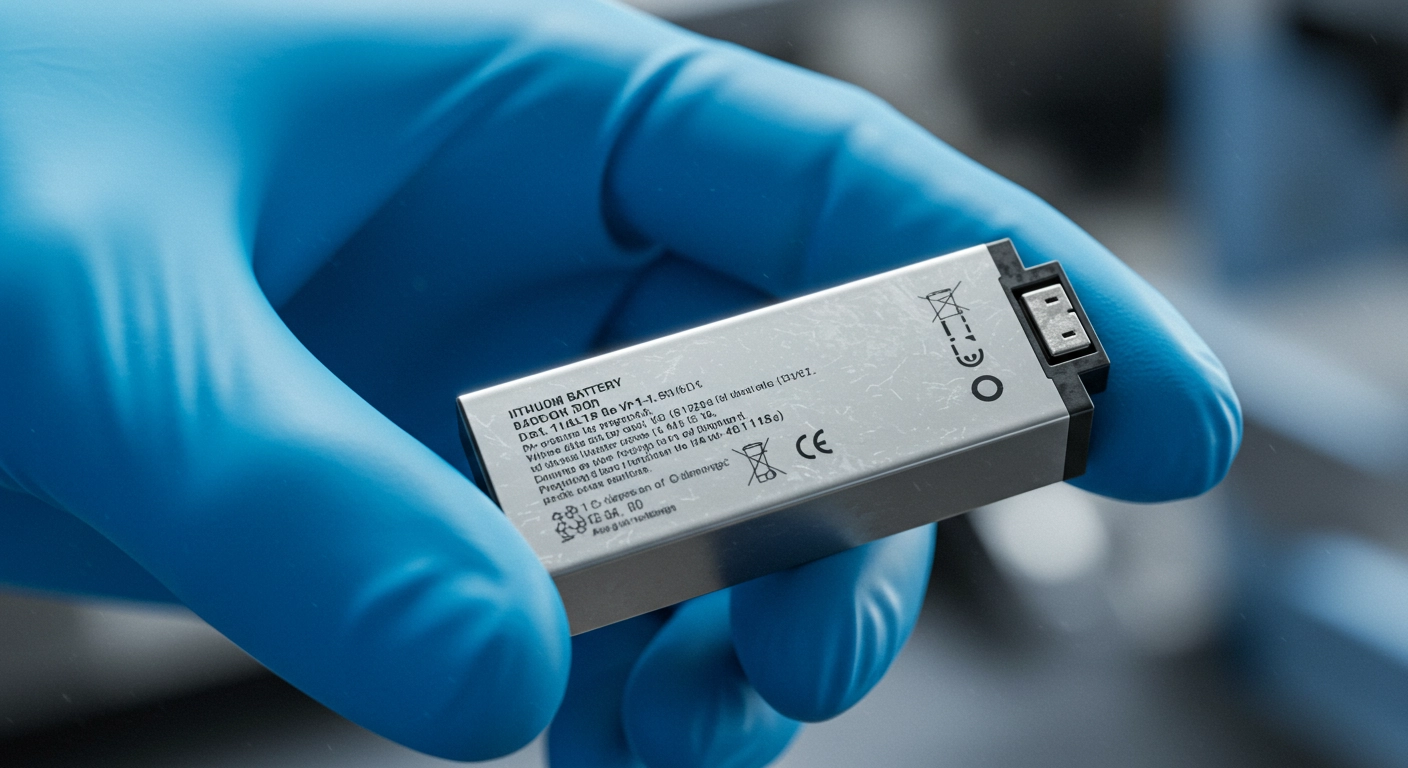 a blue gloved hand holding a lithioum-ion battery emphasizing the importance of laboratory technolugies in developing renewable energy