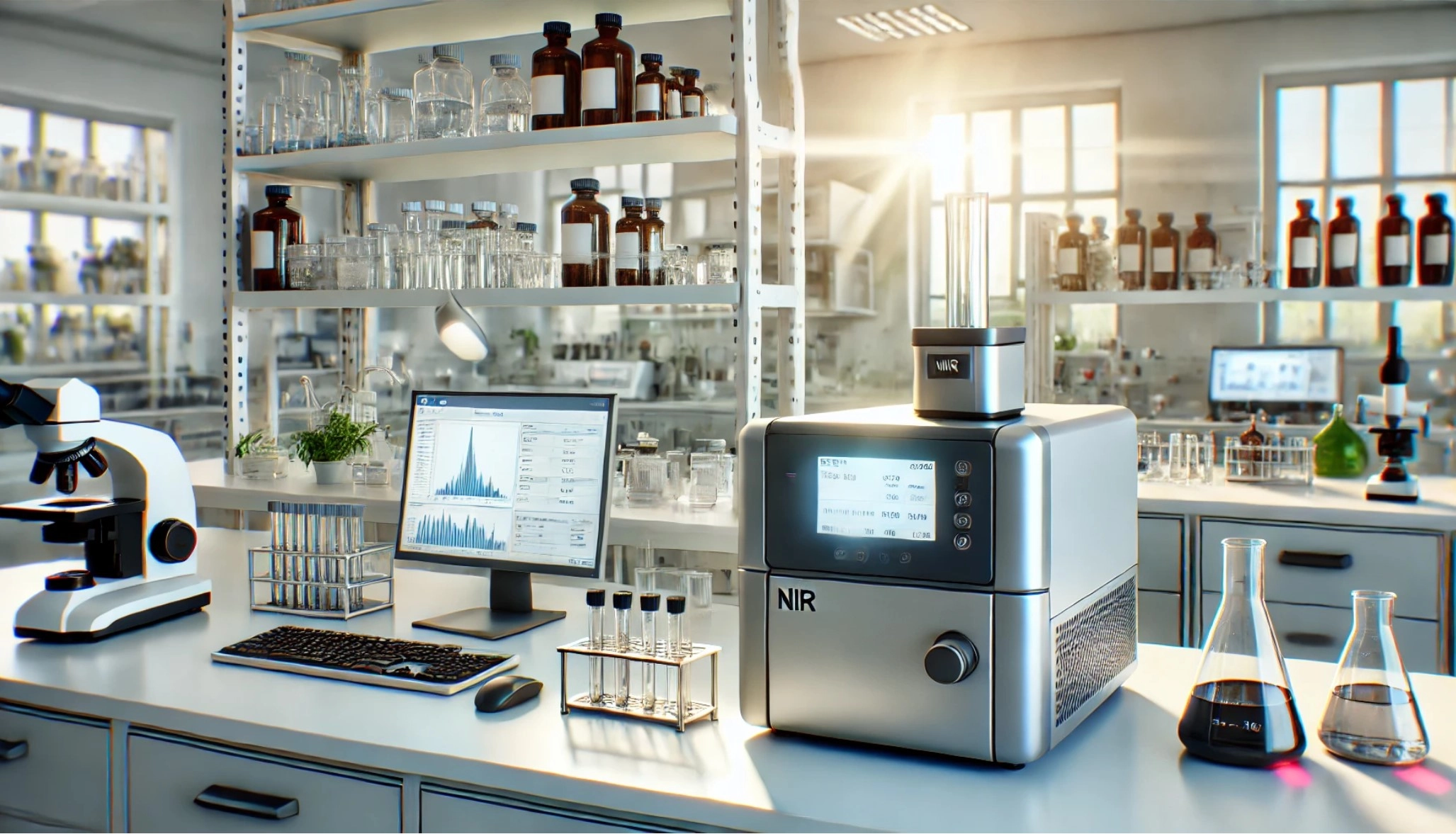 image of a benchtop NIR system on a modern lab bench, set in a clean and professional laboratory environment.