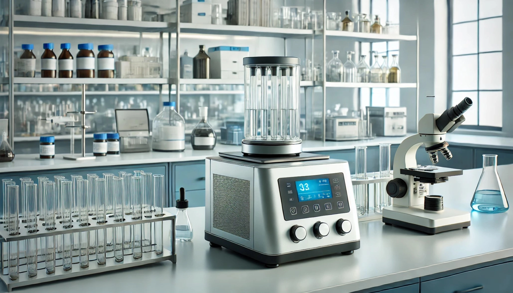 image showing a lab shaker on a modern laboratory bench, set in a clean and professional lab environment.