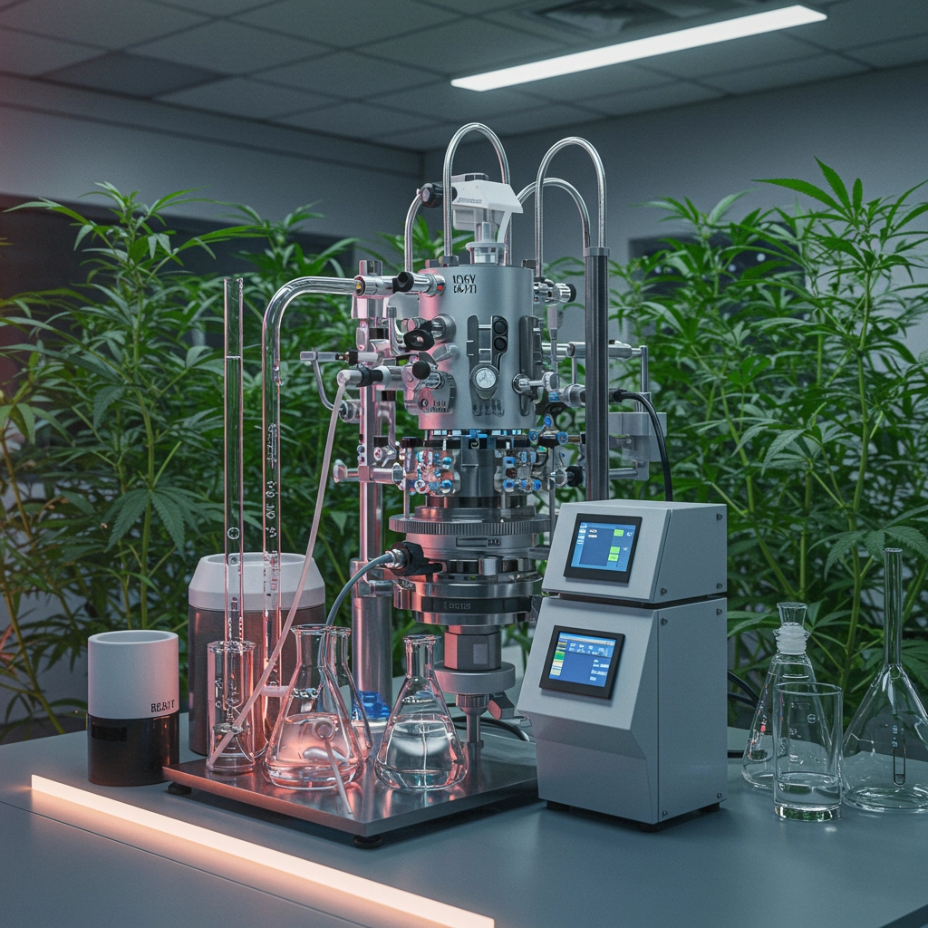 A futuristic laboratory setting with advanced equipment for synthesizing cannabinoids, contrasting with natural cannabis plants in the background, symbolizing the balance between synthetic and natural production.
