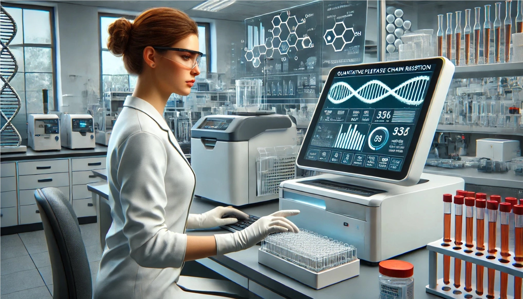 Image of a young female lab technican working with a qPCR system