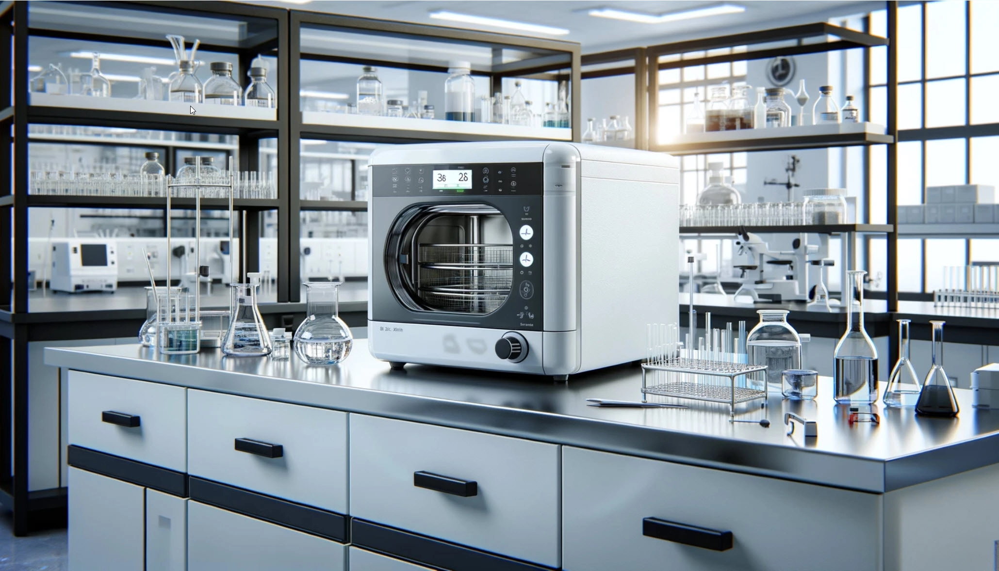 Image of a benchtop autoclave in a modern laboratory