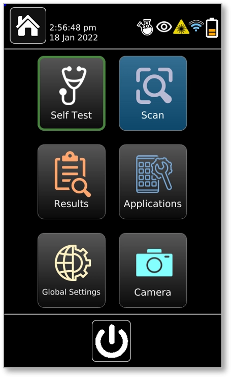 a screenshot of the Rigaku ResQ CQL menu, a black background with six square option buttons: Self Test, Scan, Results, Applications, Global Settings, Camera.