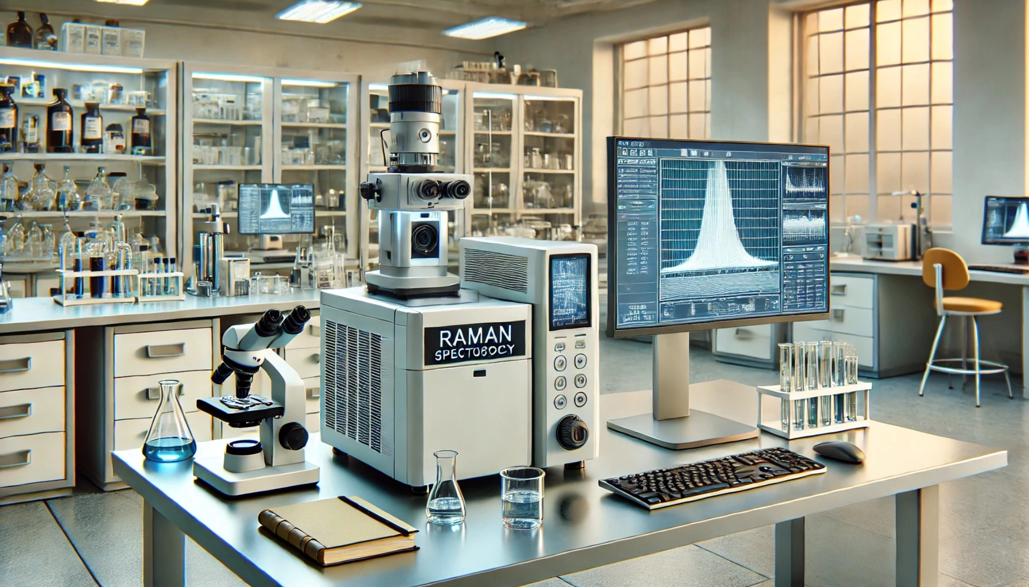 image showing a Raman spectroscopy system on a modern laboratory bench, set in a clean and professional lab environment.