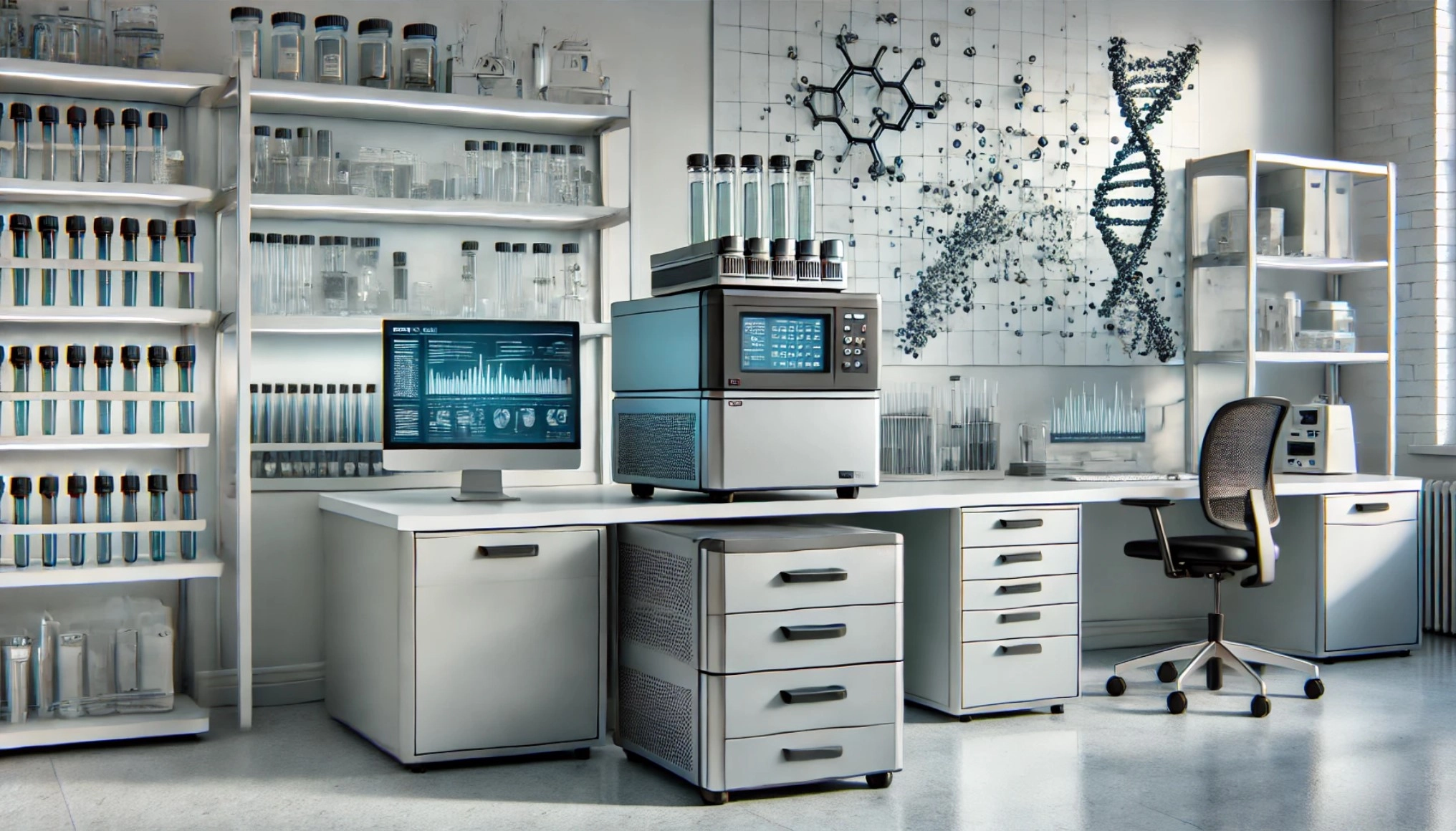  image featuring the HPLC system placed on a modern lab bench in a contemporary laboratory setting. The environment is sleek, organized, and high-tech, showcasing the advanced equipment used for protein purification, complete with a computer monitor displaying data analysis. This setup captures the cutting-edge nature of a state-of-the-art laboratory.