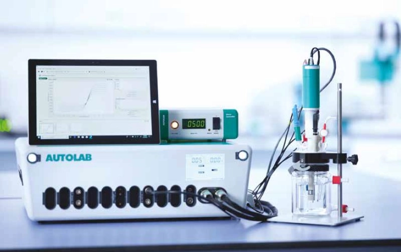  image of the Metrohm Autolab PGSTAT302N on a laboratory bench demonstrating it's applications for electrochemical research and testing