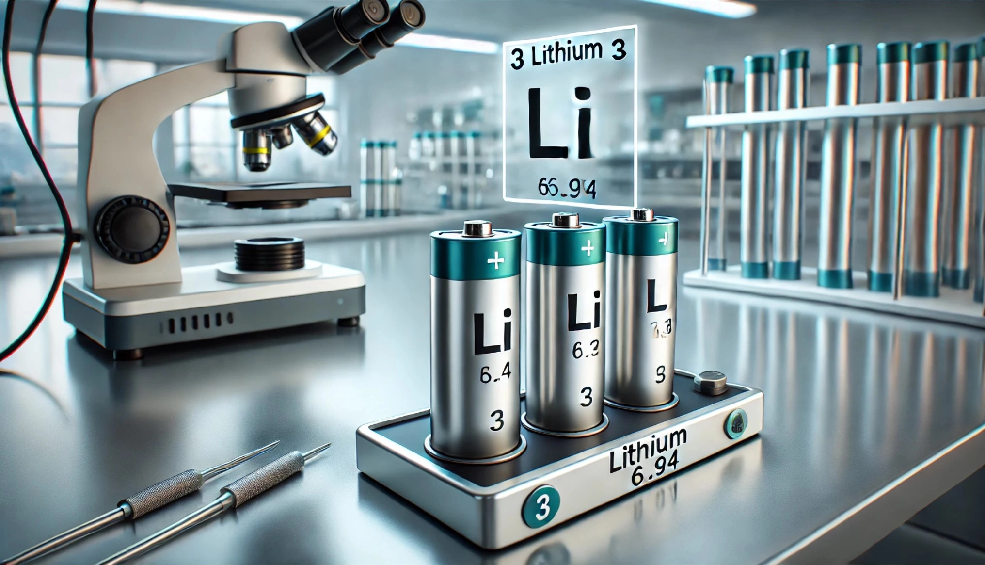  image of a lithium-ion battery on a modern laboratory bench, complete with advanced lab instruments in the background. The scene showcases a clean, professional lab environment ideal for battery analysis.