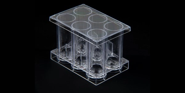 The new Clara 6 well cell culture plate on a black background