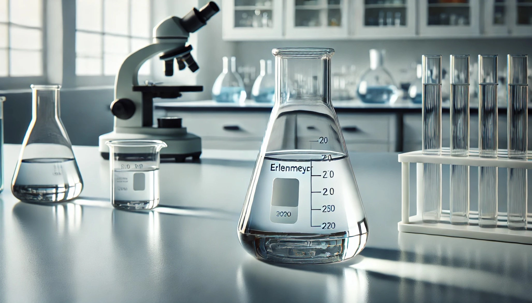  image of a typical Erlenmeyer flask on a modern laboratory bench