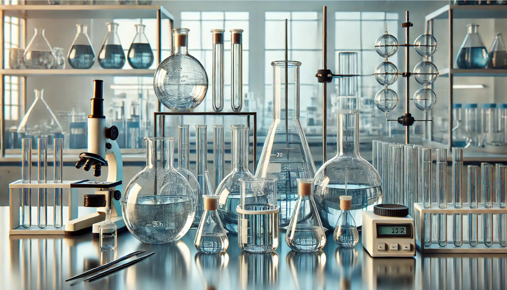 image of various pieces of laboratory glassware on a modern lab bench, set in a clean and professional laboratory environment.