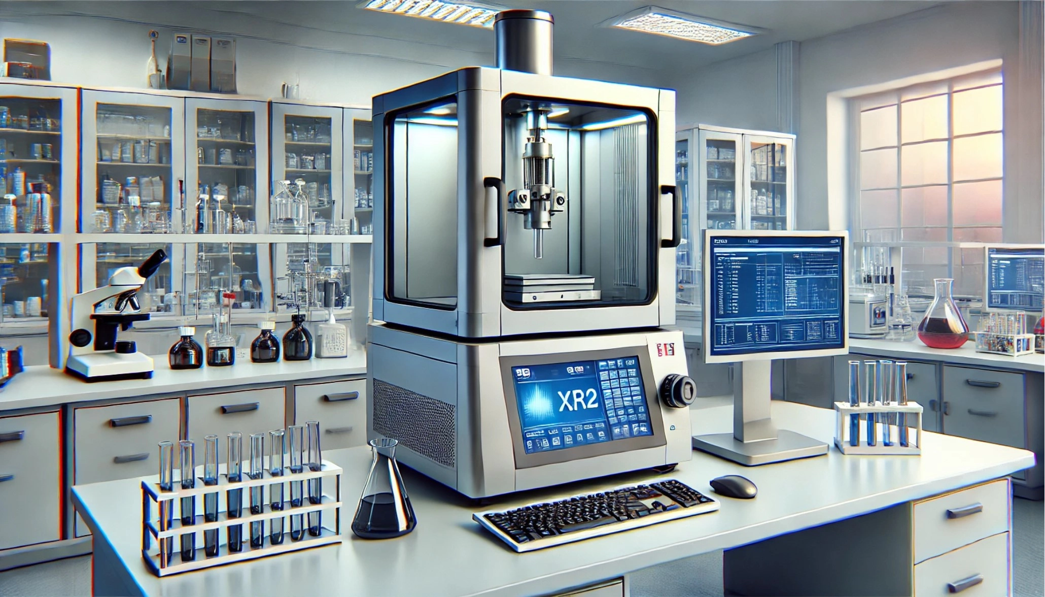 mage showing an X-ray Diffraction (XRD) system on a modern laboratory bench, set in a clean and organized lab environment.