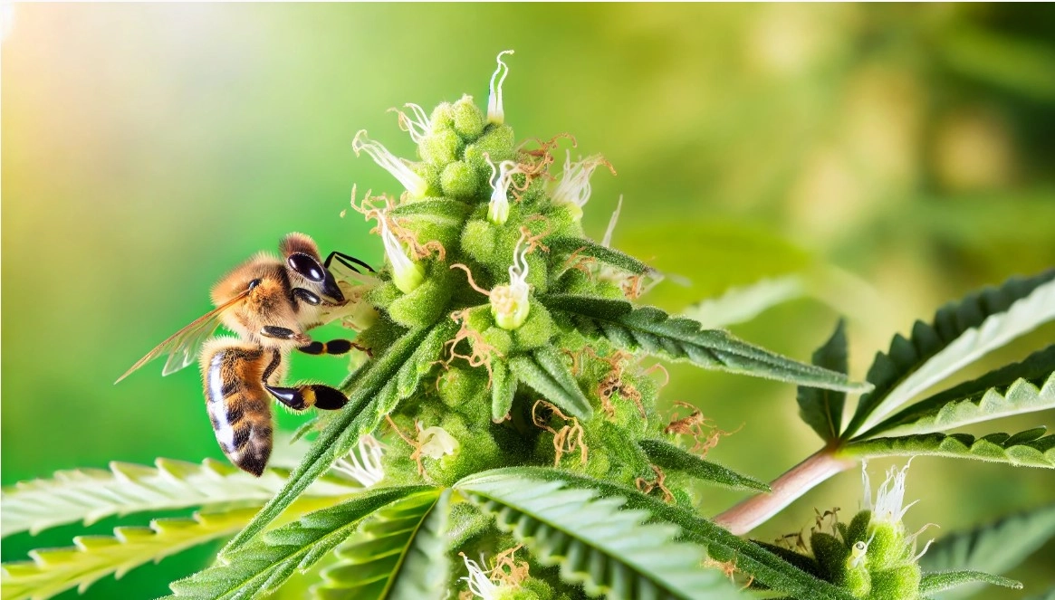 honey bee on a hemp flower emphasizing the impartinace of pollinators in the hemp, cannabis, and honey industry