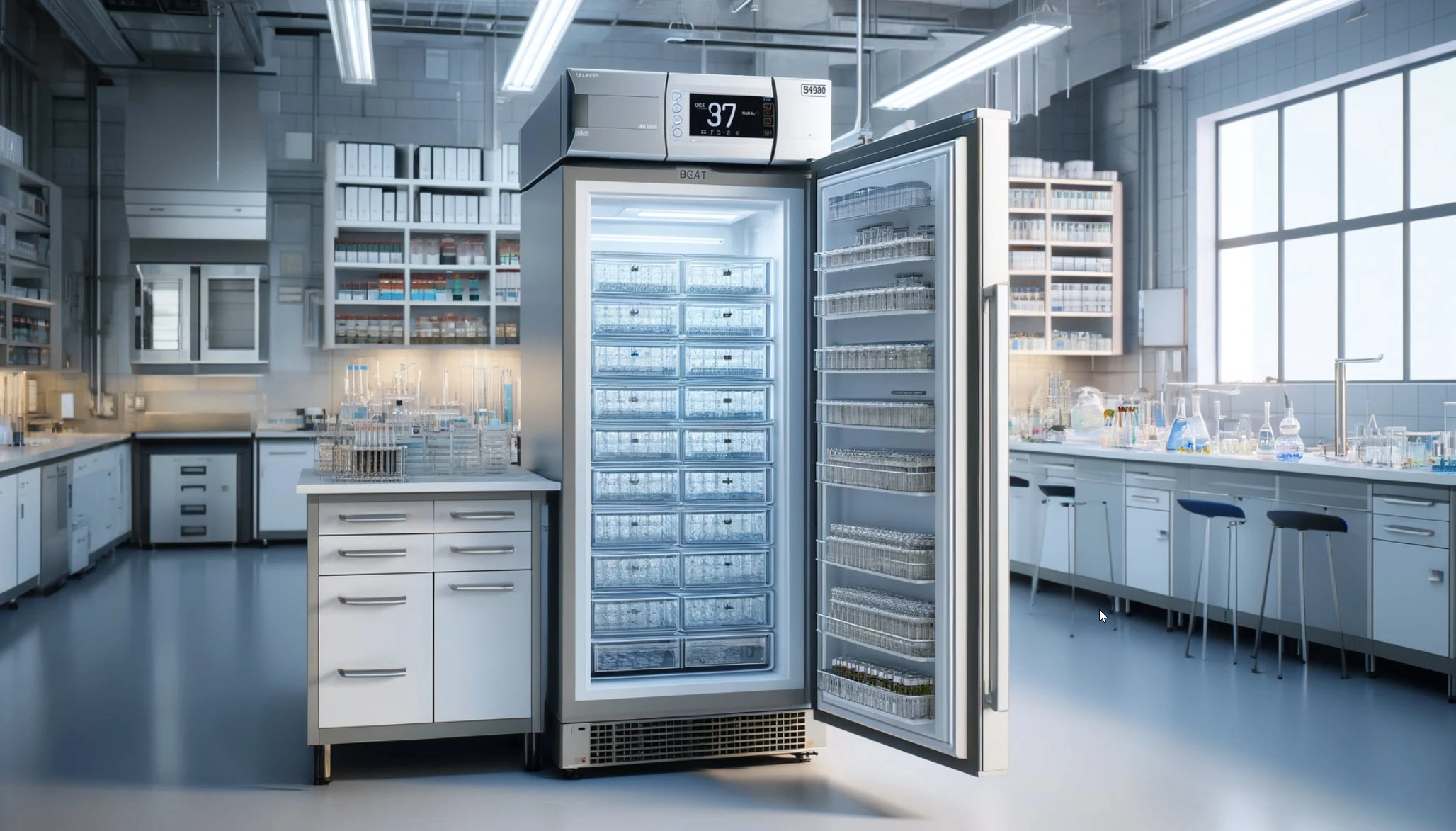 Image of an Upright ULT freezer in a modern lab