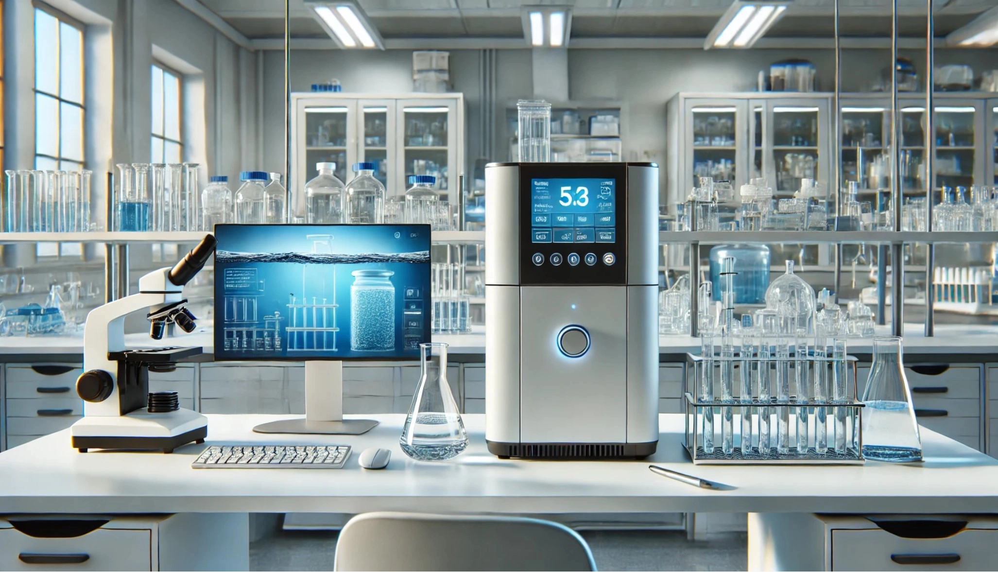 image of a lab water purification system on a modern laboratory bench, set in a clean and professional lab environment