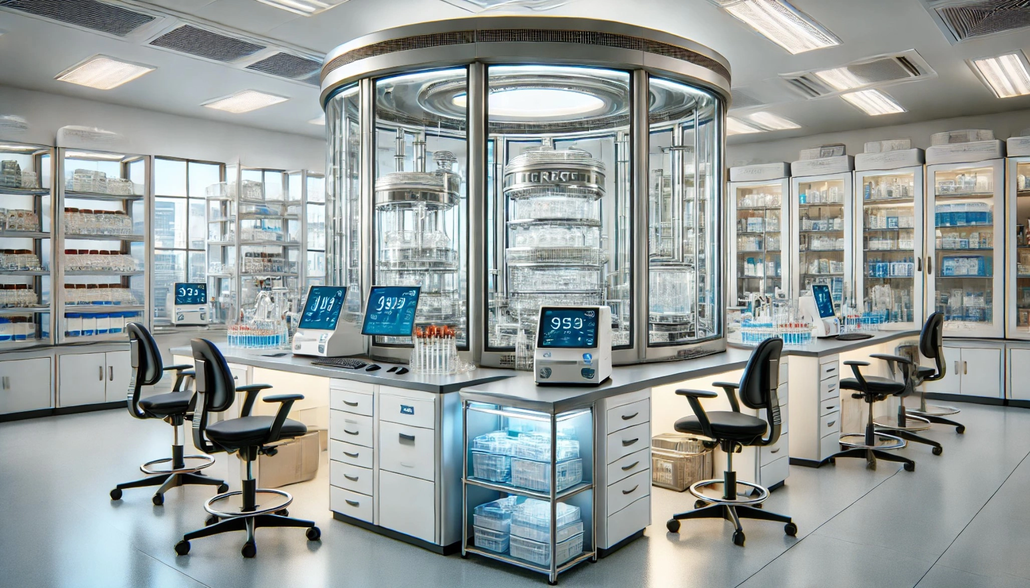  image of a biotechnology lab featuring cell culture incubators and bioreactors, set in a modern and well-organized laboratory environment.