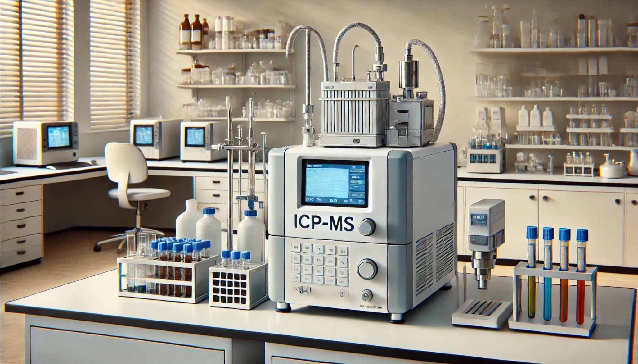  image of a modern ICP-MS system placed on a benchtop in a laboratory, resembling the typical design and setup of such an instrument.