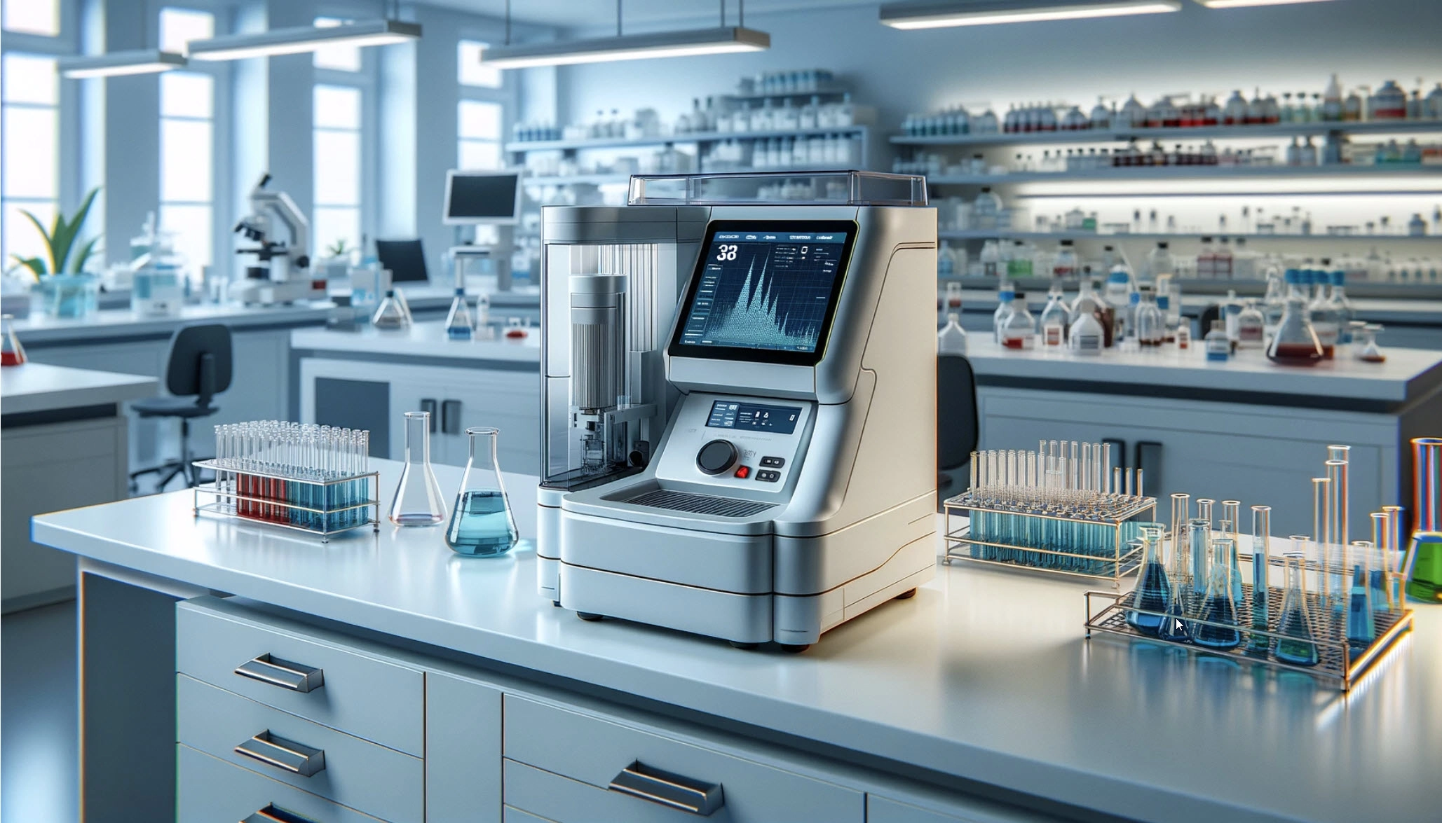 Image of a benchtop flow cytometer in a modern lab