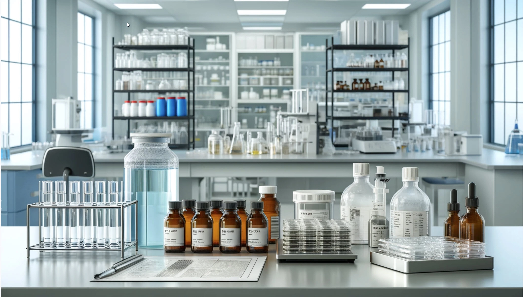 Image of modern laboratoy bench with assorted vials and bottles of cell culture reagents