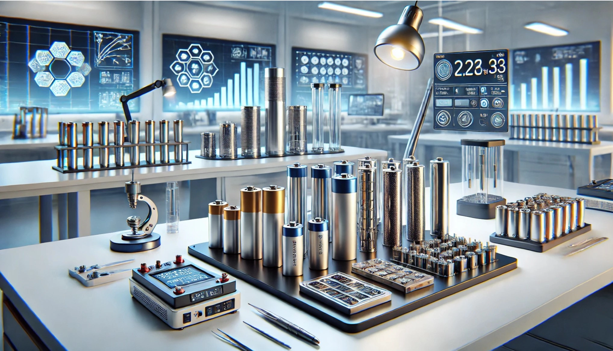 image showing various types of lithium-ion batteries on a modern laboratory bench, with a clean, high-tech lab setting dedicated to battery testing and analysis.