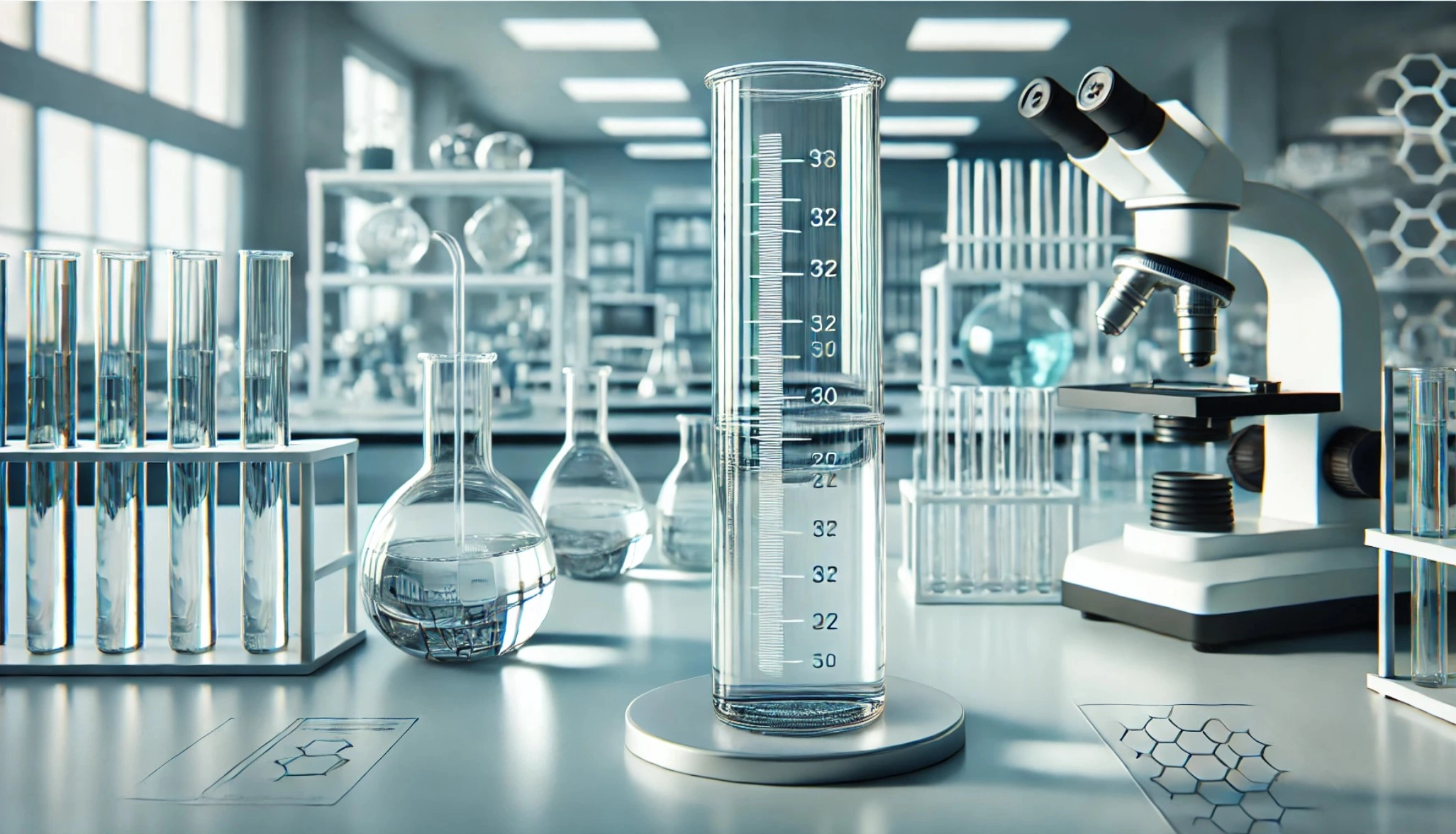 image of a typical graduated cylinder on a modern laboratory bench. 