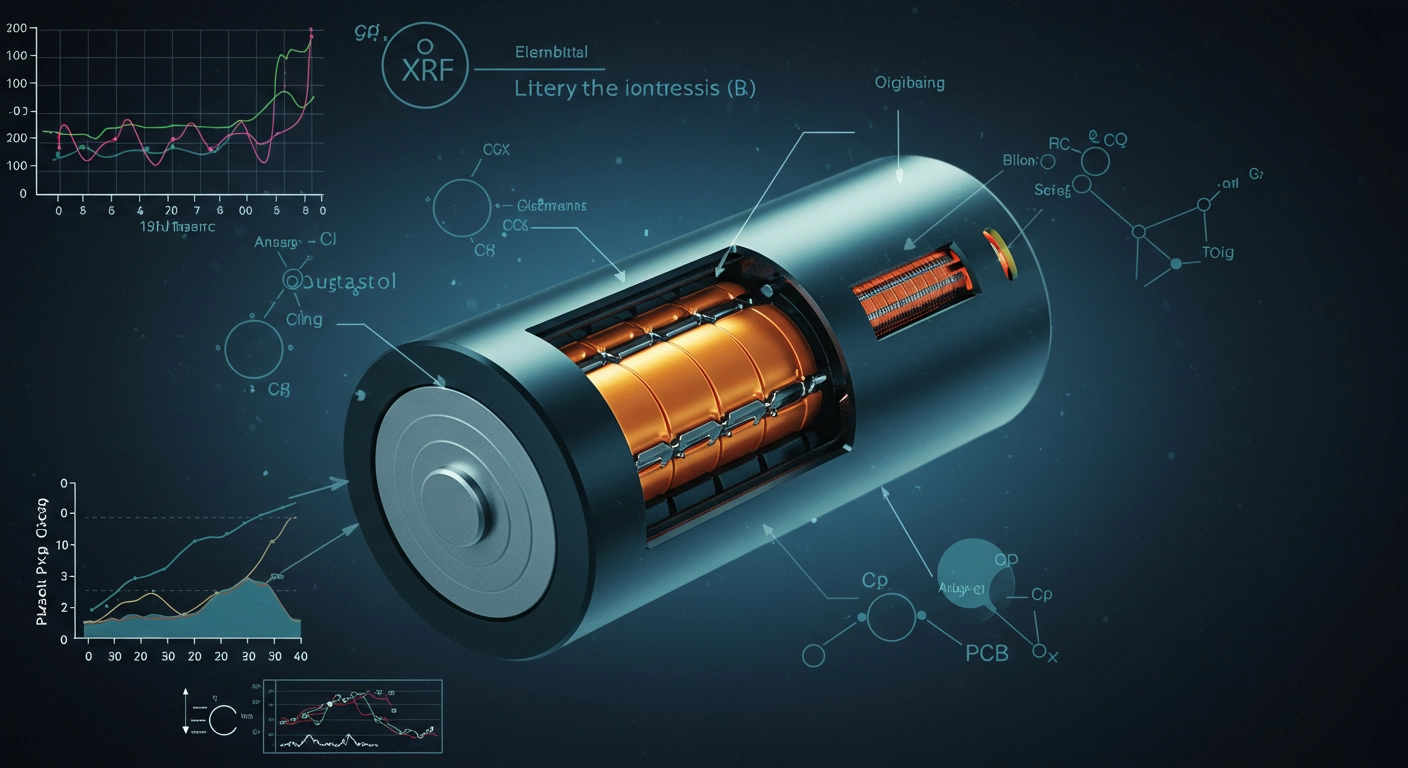 a battery showing interior strycture and XRF data illustrating the importance of x-ray fluorescene in battery development and testing