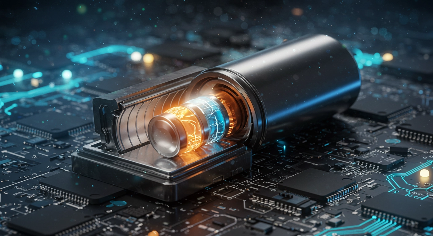 Illustration of the interior of a Lithium Ion battery on a technical circuit board background illutrating the the importance of battery analysis and materials testing