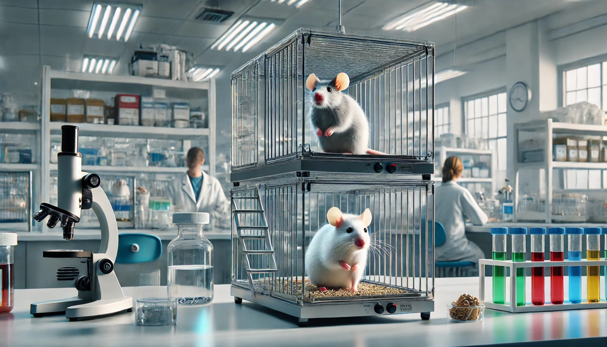 image showing laboratory mice in a modern housing system within a lab environment.