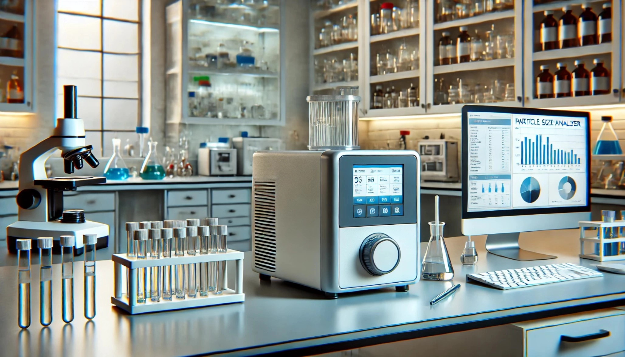  image of a particle size analyzer on a modern laboratory bench