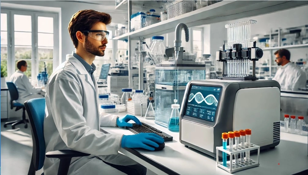 Lab technician working with a qPCR system emphasizing the importance of qPCR safety and compliance