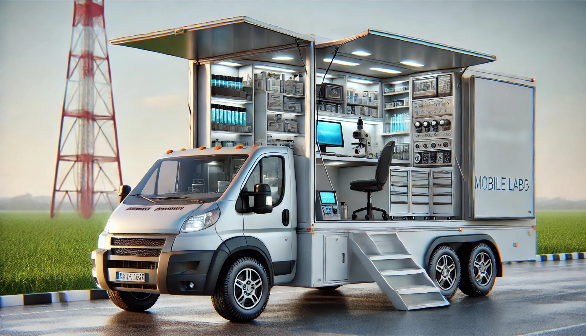  image of a modern mobile laboratory, featuring a vehicle or trailer equipped with scientific equipment.