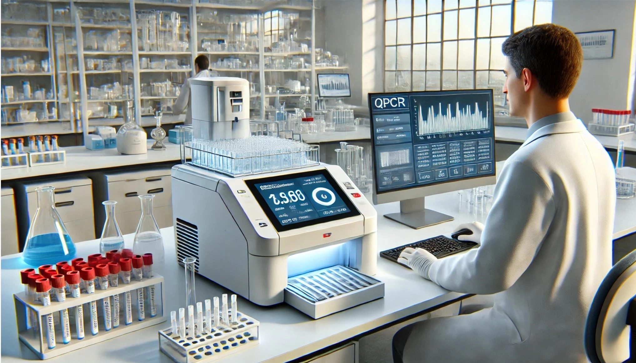 Image of a lab technician working with an ergonomic qPCR system