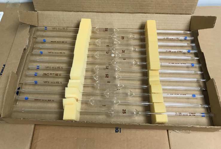 1 Box of 25 mL Glass Pipets, New, 12/box (25 boxes available)
