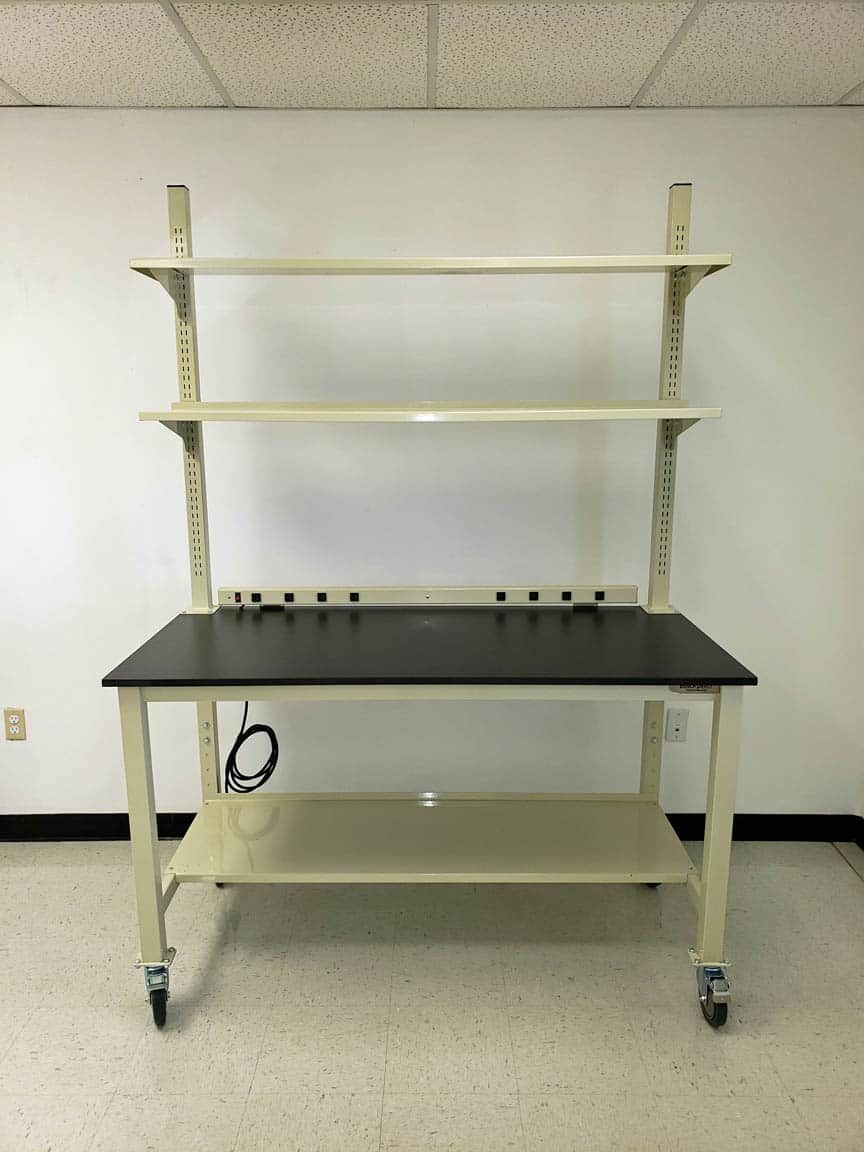 5 foot mobile lab bench with phenolic resin countertop and shelves
