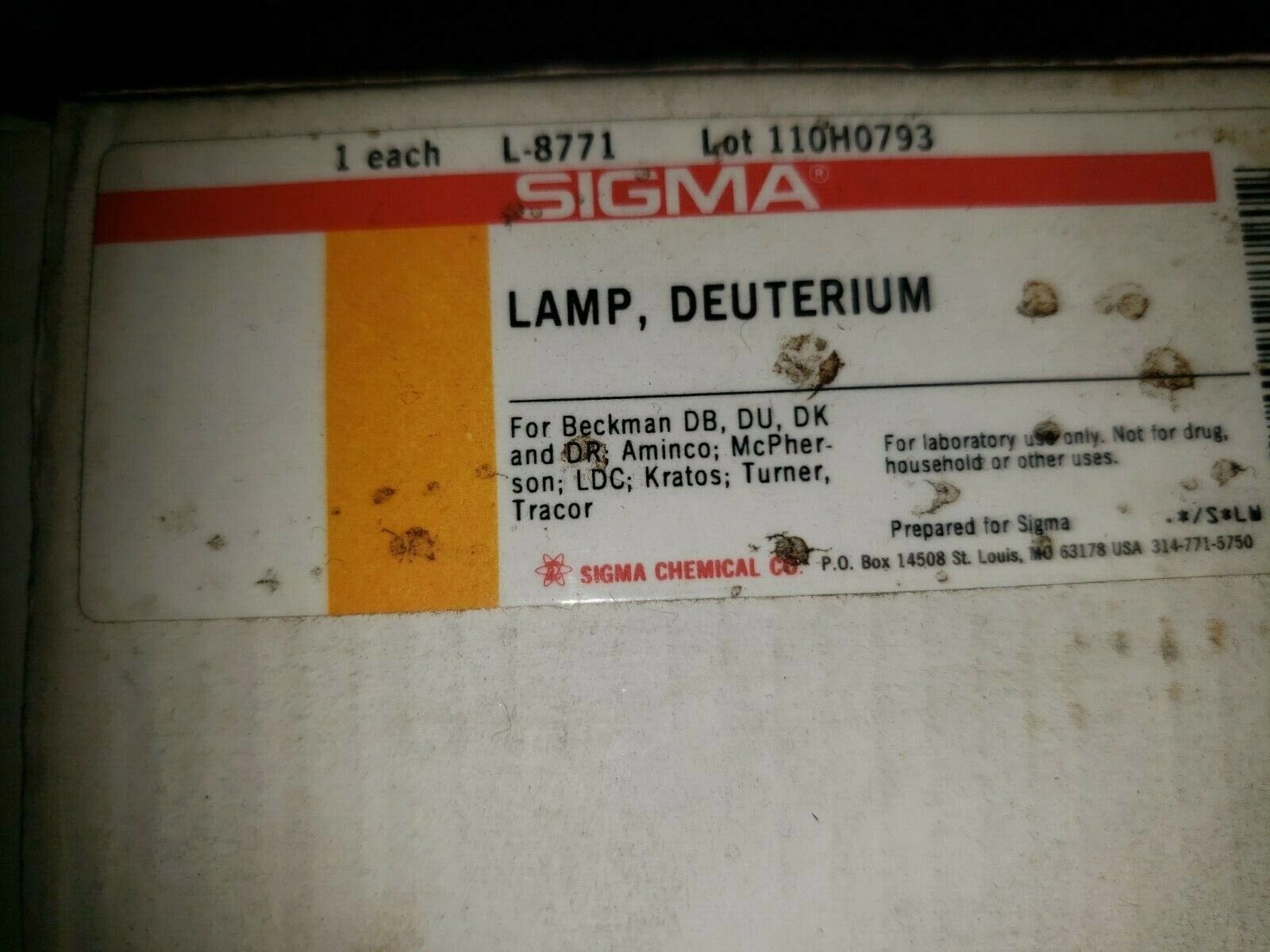 SIGMA L-8771 DEUTERIUM LAMP FOR USE IN BECKMAN DB,