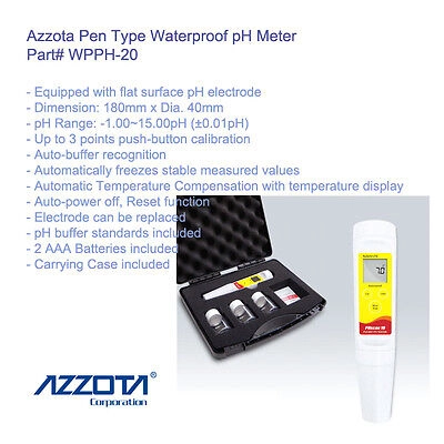 Azzota® Waterproof Pen Type pH Meter. pH Range: -1