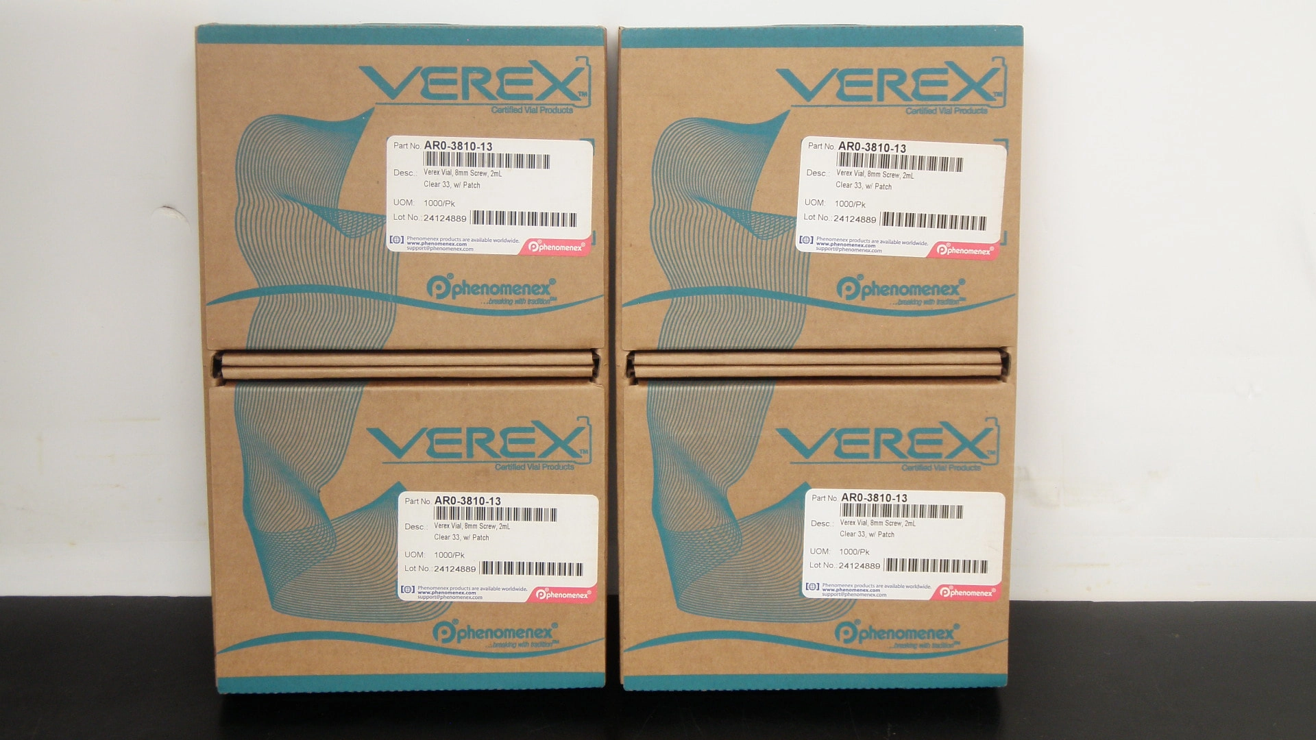 Phenomenex Verex   Vial, 8mm Screw Top, 2mL, Clear 33, w/ Patch, 4 Boxes w/ 1000 Pieces Each!