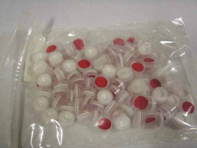 11 mm Polyethylene Snap Closures - Red PTFE/Silicone w/slit Septum - Natural Cap Color Qty 100