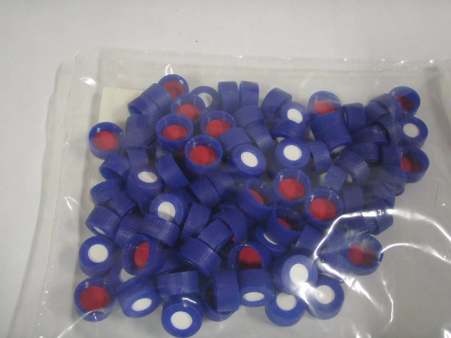 9 mm Polypropylene Screw Thread Closures  - Red PTFE/White Silicone Septum - Blue Cap Color Qty 100