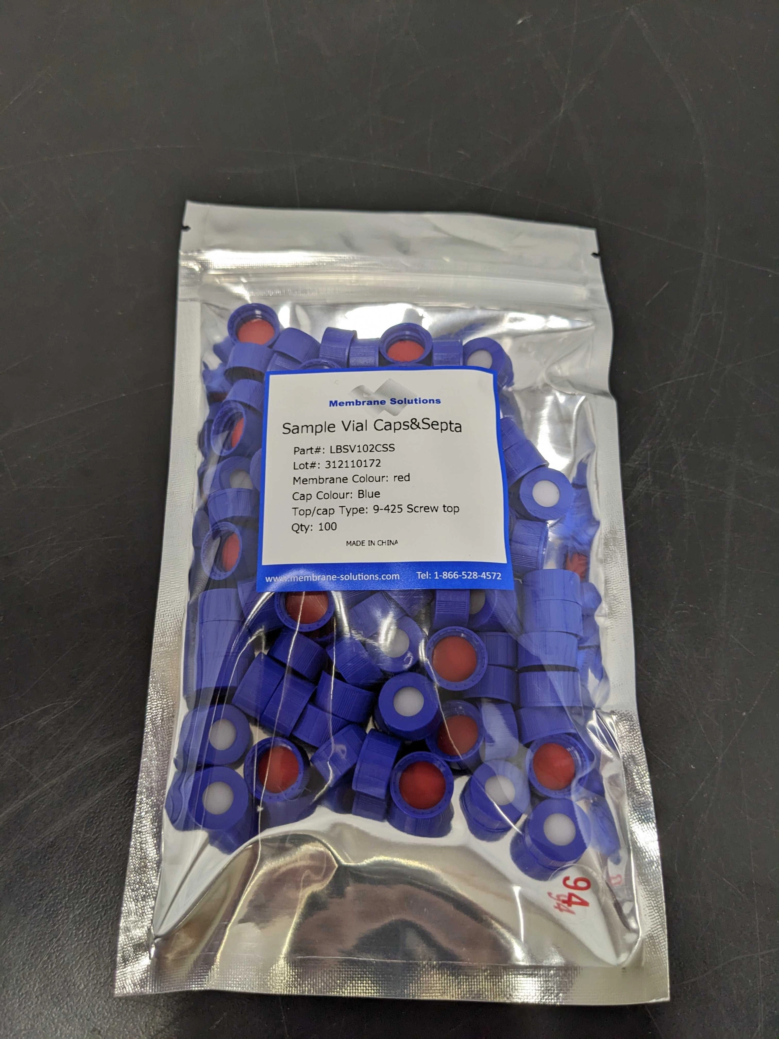 9 mm Polypropylene Screw Thread Closures  - Red PTFE/White Silicone Septum - Blue Cap Color Qty 100